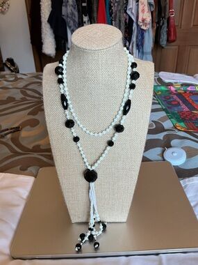 Black Glass and White Beaded Layered Necklace with Tassel design